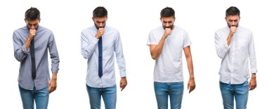 Kolaj rahat bakmak beyaz izole backgroud hasta ve soğuk veya bronşit için semptom olarak öksürük duygu üzerinde giyen genç adam. Sağlık kavramı.