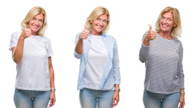 Güzel orta yaş sarışın kadın hareketi el ile mutlu yaşasın yapıyor beyaz izole backgroud kolaj. Kameraya bakarak başarı gösteren ile ifade onaylama.