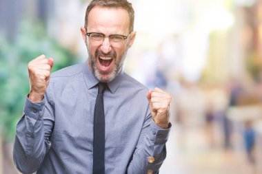 Gülümseyen ve başarı için çığlık izole arka plan çok mutlu ve heyecanlı kaldırdı, silah ile kazanan jest yapıyor üzerinde gözlük takan orta yaş ağarmış üst düzey iş adamı. Kutlama kavramı.