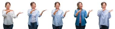 Orta yaş İspanyol kadın hayrete ve el ile sunulması ve parmak ile işaret ederken kameraya gülümseyen izole arka plan yüzünden kolaj.
