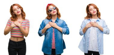 Kolaj üzerinde izole arka plan ile gülümseyen genç güzel kızıl saçlı kadının göğüs kapalı gözler ve yüzünde minnettar jest ile eller. Sağlık kavramı.