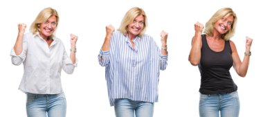 Kolaj gülümseyen ve başarı için çığlık güzel orta yaş sarışın kadının üzerinde beyaz izole backgroud çok mutlu ve heyecanlı kaldırdı, silah ile kazanan jest yapıyor. Kutlama kavramı.