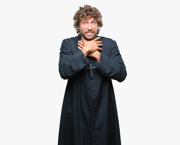 Handsome Hispanic Catholic Priest Man Isolated Background Shouting Suffocate Because — Stock Photo, Image