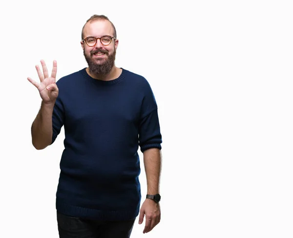 Young Caucasian Hipster Man Wearing Sunglasses Isolated Background Showing Pointing — Stock Photo, Image