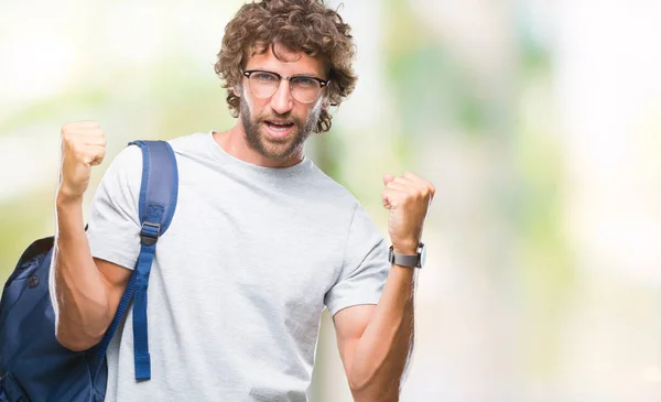 Schöner Hispanischer Student Mit Rucksack Und Brille Vor Isoliertem Hintergrund — Stockfoto