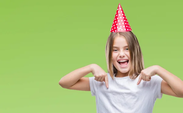 Mooi Meisje Verjaardag Glb Dragen Geïsoleerde Achtergrond Zoek Vertrouwen Met — Stockfoto