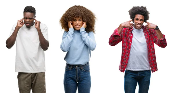 Collage Afroamericanos Grupo Personas Sobre Fondo Aislado Cubriendo Las Orejas —  Fotos de Stock