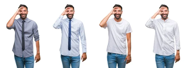 Colagem Jovem Vestindo Olhar Casual Sobre Backgroud Isolado Branco Fazendo — Fotografia de Stock