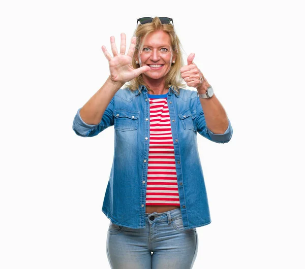 Middle Age Blonde Woman Isolated Background Showing Pointing Fingers Number — Stock Photo, Image