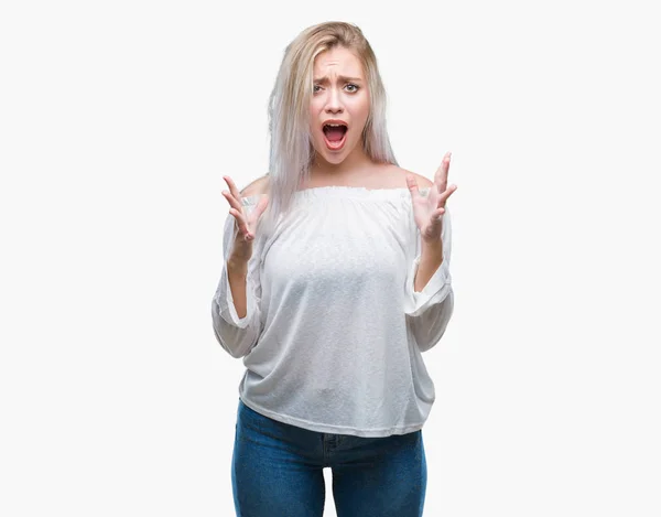 Young Blonde Woman Isolated Background Crazy Mad Shouting Yelling Aggressive — Stock Photo, Image