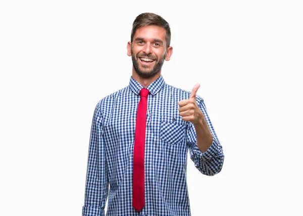 Młody Przystojny Biznesmen Białym Tle Robi Szczęśliwy Kciuk Górę Gest — Zdjęcie stockowe
