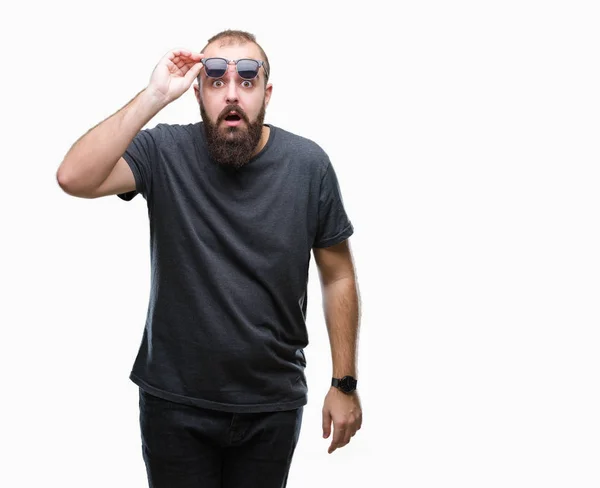 Man Van Jonge Kaukasische Hipster Zonnebril Dragen Geïsoleerd Achtergrond Bang — Stockfoto