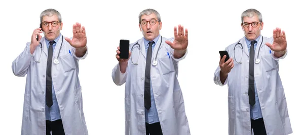 Collage Eines Hochrangigen Arztes Der Auf Weißem Isoliertem Hintergrund Telefoniert — Stockfoto
