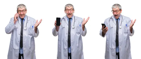 Koláž Vyšších Otřepané Lékař Muž Mluvil Telefonu Přes Bílý Samostatný — Stock fotografie