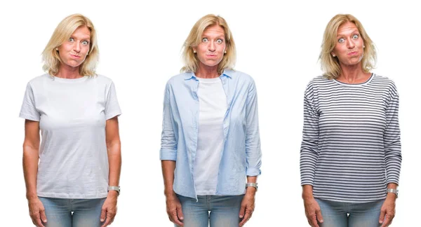 Collage Vackra Medelålders Blond Kvinna Över Vita Isolerade Backgroud Pustande — Stockfoto