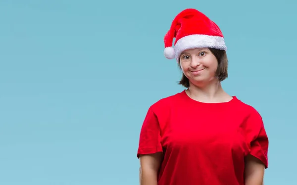 Mulher Adulta Jovem Com Síndrome Usando Chapéu Natal Sobre Fundo — Fotografia de Stock