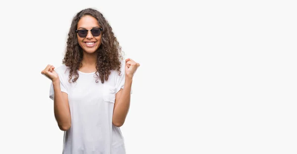 Young Hispanic Woman Wearing Sunglasses Celebrating Surprised Amazed Success Arms — Stock Photo, Image