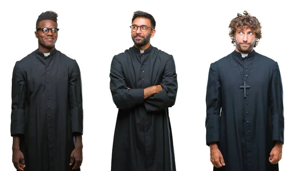 Collage Hombres Sacerdotes Cristianos Sobre Fondo Aislado Sonriendo Mirando Lado —  Fotos de Stock