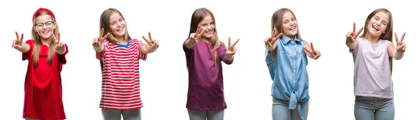 年轻漂亮的小女孩的拼贴画在孤立的背景微笑着看着相机显示手指做胜利标志 第二个 — 图库照片