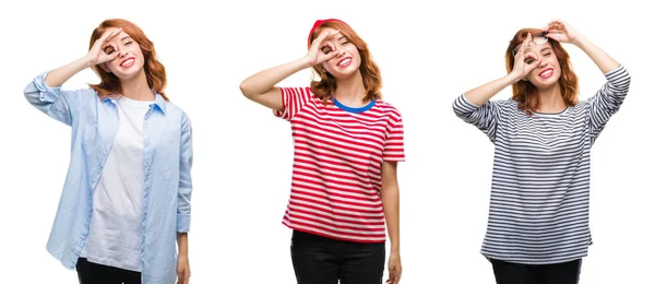 Colagem Jovem Mulher Ruiva Bonita Sobre Fundo Isolado Fazendo Gesto — Fotografia de Stock