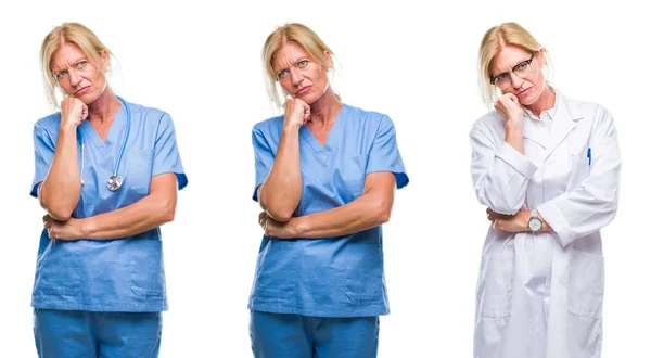 Κολάζ Όμορφη Μέσης Ηλικίας Ξανθιά Γιατρός Γυναίκα Άσπρο Backgroud Απομονωμένες — Φωτογραφία Αρχείου