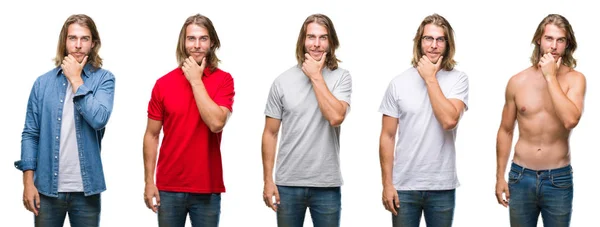 Collage Eines Gutaussehenden Jungen Mannes Lässigem Look Über Weißem Isoliertem — Stockfoto