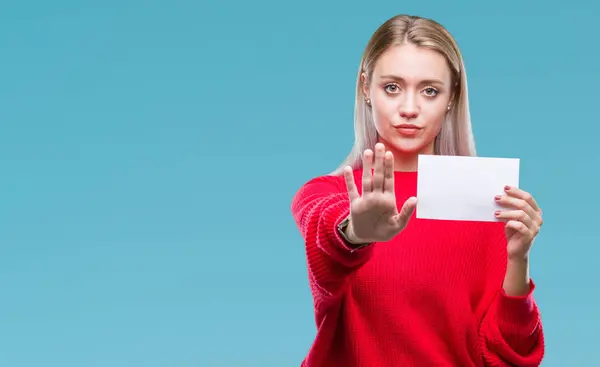 Jonge Blonde Vrouw Met Blanco Papier Kaart Geïsoleerde Achtergrond Met — Stockfoto