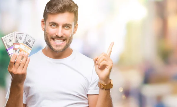 Young Handsome Man Holding Stack Dollars Isolated Background Very Happy — Stock Photo, Image