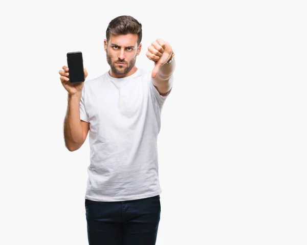 Junger Gutaussehender Mann Zeigt Smartphone Bildschirm Vor Isoliertem Hintergrund Mit — Stockfoto