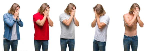 Collage Joven Guapo Con Mirada Casual Sobre Fondo Blanco Aislado —  Fotos de Stock