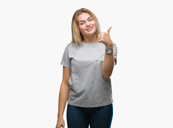 Young Caucasian Woman Isolated Background Doing Happy Thumbs Gesture Hand — Stock Photo, Image