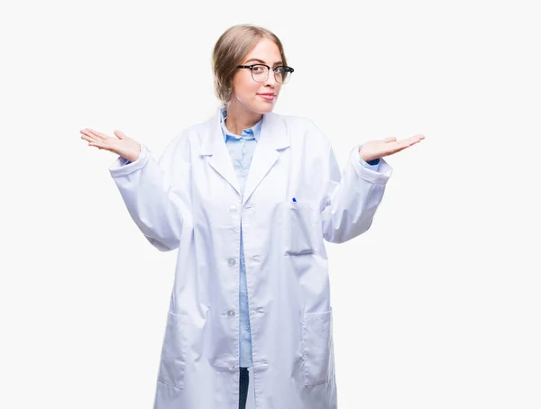 Beautiful Young Blonde Doctor Woman Wearing White Coat Isolated Background — Stock Photo, Image