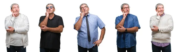 Collage Senior Hoary Man White Isolated Backgroud Hand Chin Thinking — Stock Photo, Image