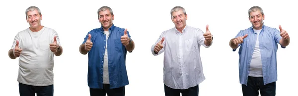 Collage Senior Hoary Man White Isolated Backgroud Approving Doing Positive — Stock Photo, Image