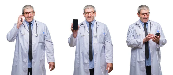 Collage Anziano Hoary Medico Uomo Parlando Telefono Sopra Backgroud Isolato — Foto Stock