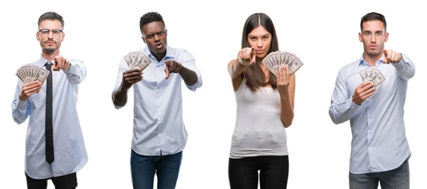 Collage Grupo Equipo Trabajadores Sosteniendo Billetes Banco Dólares Sobre Fondo — Foto de Stock