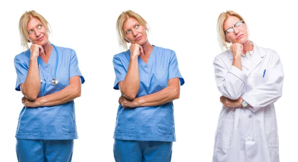 Колаж Красивої Блондинки Середнього Віку Жінки Лікаря Білий Ізольований Задньому — стокове фото