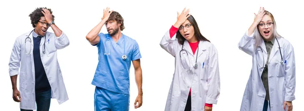 Collage Grupo Médicos Enfermeras Cirujanos Sobre Antecedentes Aislados Sorprendidos Con — Foto de Stock