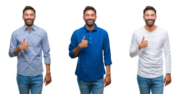 Collage Van Knappe Jonge Indiase Man Geïsoleerde Achtergrond Gelukkig Duimschroef — Stockfoto