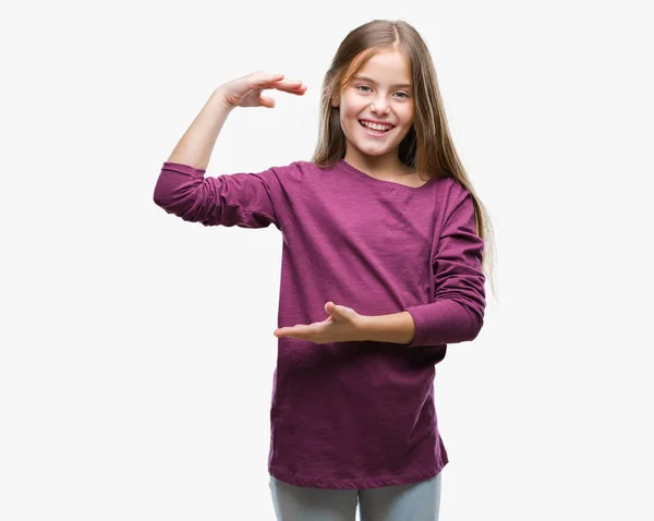 Menina Bonita Nova Sobre Fundo Isolado Gesto Com Mãos Mostrando — Fotografia de Stock