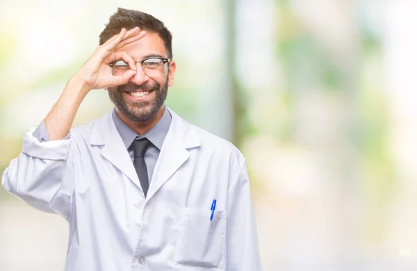 Adult Hispanic Scientist Doctor Man Wearing White Coat Isolated Background — Stock Photo, Image