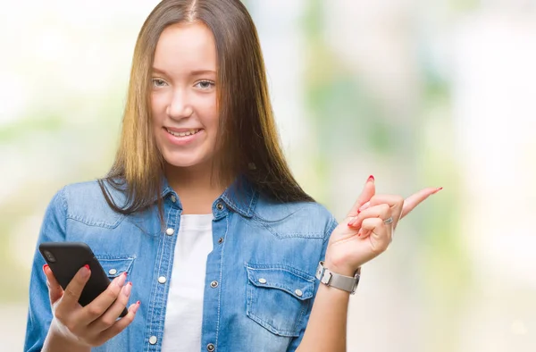 Jovem Bela Mulher Caucasiana Mensagem Enviando Mensagem Usando Smartphone Sobre — Fotografia de Stock