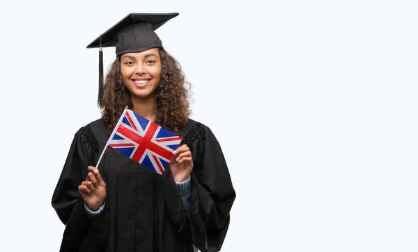 Jeune Femme Hispanique Portant Uniforme Graduation Tenant Drapeau Royaume Uni — Photo