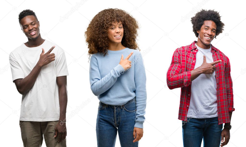 Collage of african american group of people over isolated background cheerful with a smile of face pointing with hand and finger up to the side with happy and natural expression on face looking at the camera.