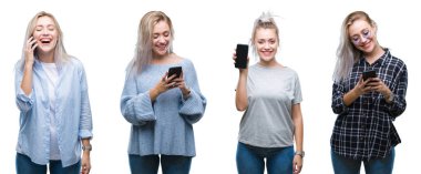 Güzel sarışın genç kadının izole arka plan üzerinde duran ve diş gösterilen kendine güvenen bir gülümsemeyle gülümseyerek mutlu bir yüz ile smartphone kullanarak kolaj