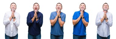 Kolaj yalvarıyor ve umut ifade yüzünde çok duygusal ve endişe ile birlikte elleriyle dua izole arka plan üzerinde duran yakışıklı üst düzey ağarmış zarif iş adamı. Bağışlanmak. Din kavramı.