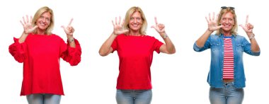 Kolaj gösterilen ve parmakları ile işaret beyaz izole kağıt üzerinde güzel orta yaş sarışın kadının kendinden emin ve mutlu gülümseyerek süre yedi numara.