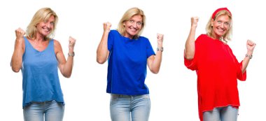 Kolaj gülümseyen ve başarı için çığlık güzel orta yaş sarışın kadının üzerinde beyaz izole backgroud çok mutlu ve heyecanlı kaldırdı, silah ile kazanan jest yapıyor. Kutlama kavramı.