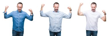 Kol kasları gururlu gülümseyen gösterilen izole arka plan üzerinde duran üst düzey ağarmış yakışıklı kolaj. Fitness kavramı.