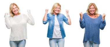 Kolaj güzel orta yaş Beyaz sarışın kadın backgroud kutluyor izole şaşırttı ve silah ile başarı için yükseltilmiş ve açık gözler hayrete düşürdü. Kazanan kavramı.